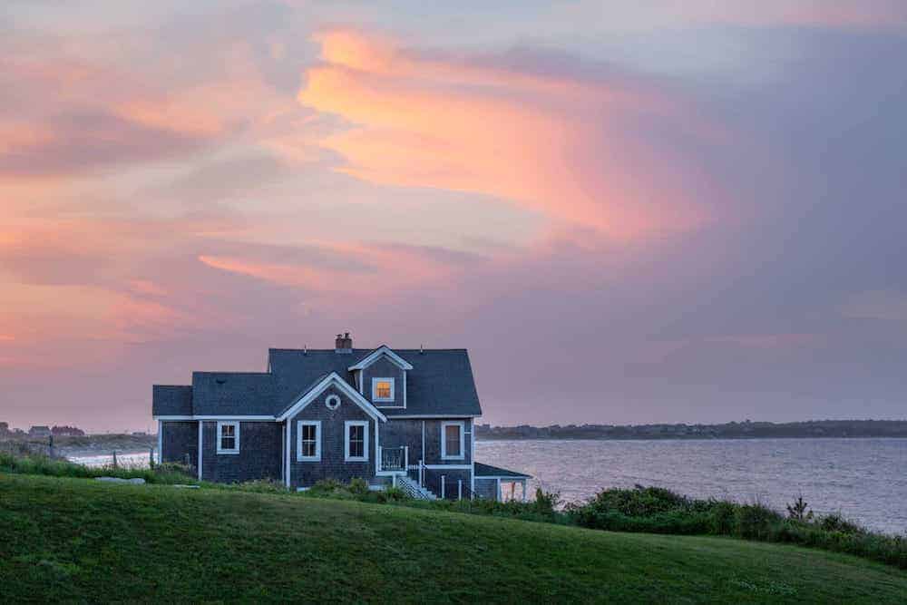 Beautiful view of one of our Block Island Bed and Breakfasts at sunset, located near the Mohegan Bluffs