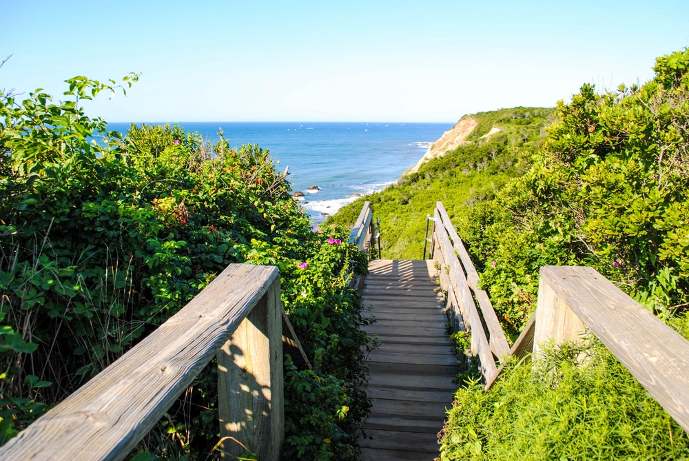The stairs down to the beach at Mohegan Bluffs on Block Island